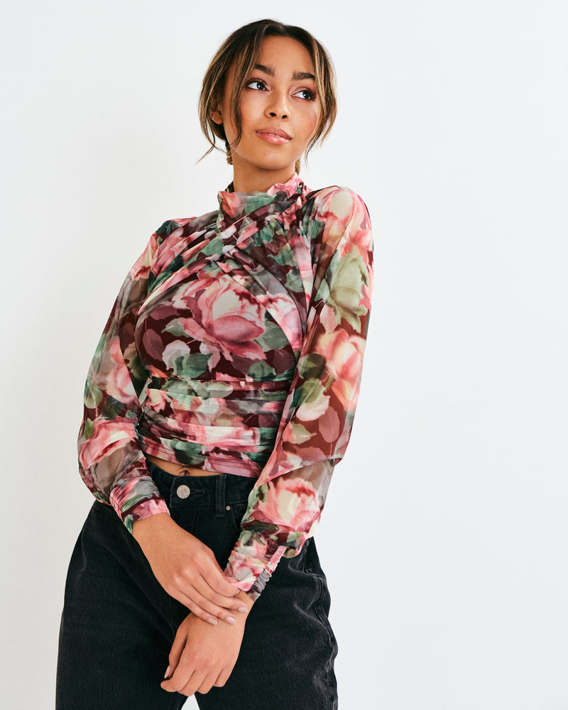 AVA FLORAL PRINTED MESH JERSEY HIGH NECK TOP