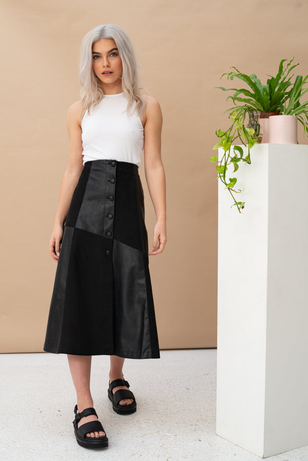 Fabric Mix PU Midi Skirt